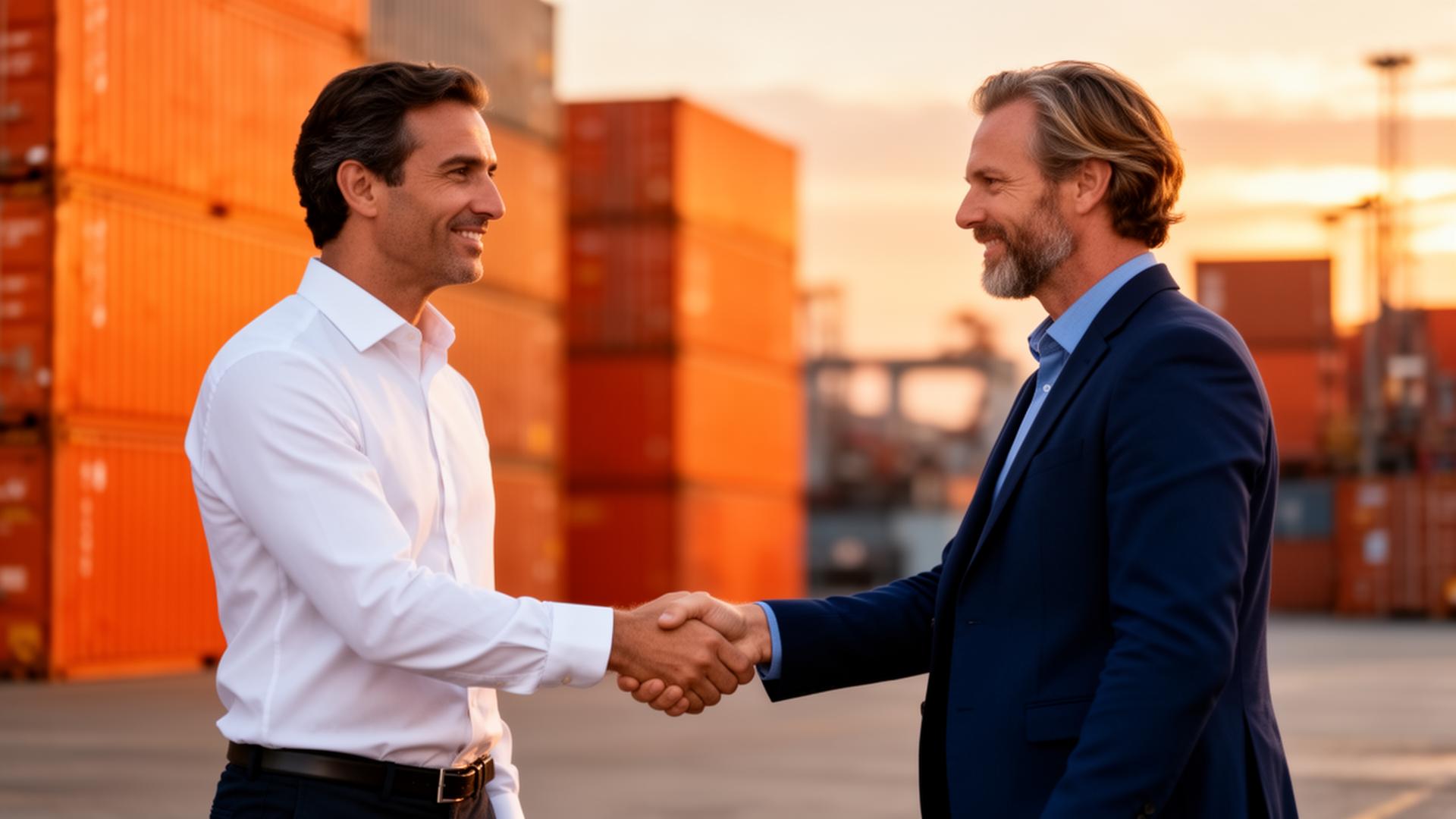 Brazilian and Scandinavian buyers shaking hands at a container terminal
