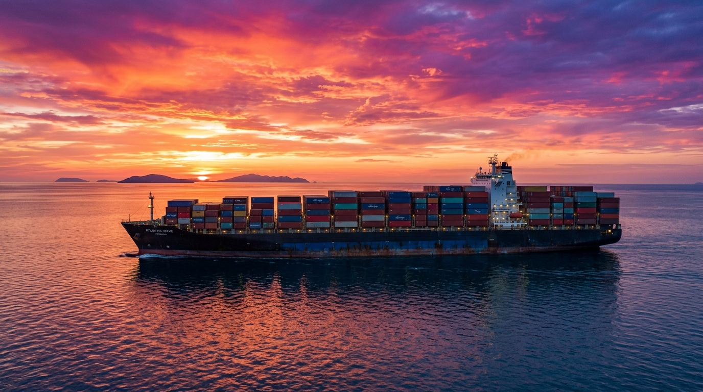 Container ship at sea loaded with shipping containers